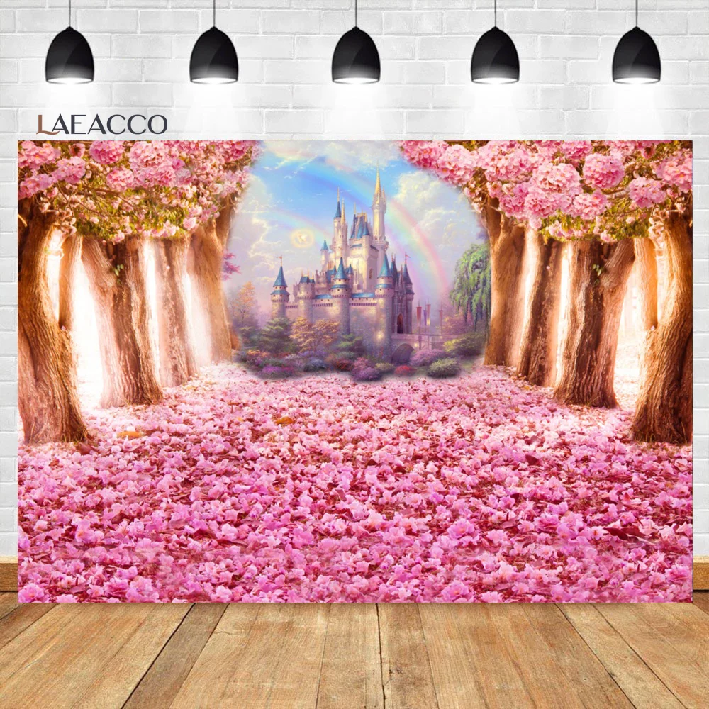 

Laeacco Flowers Spring Personalized Backdrops Party Blue Pink Rainbow Fairy Tale Castle Photography Backgrounds For Photo Studio