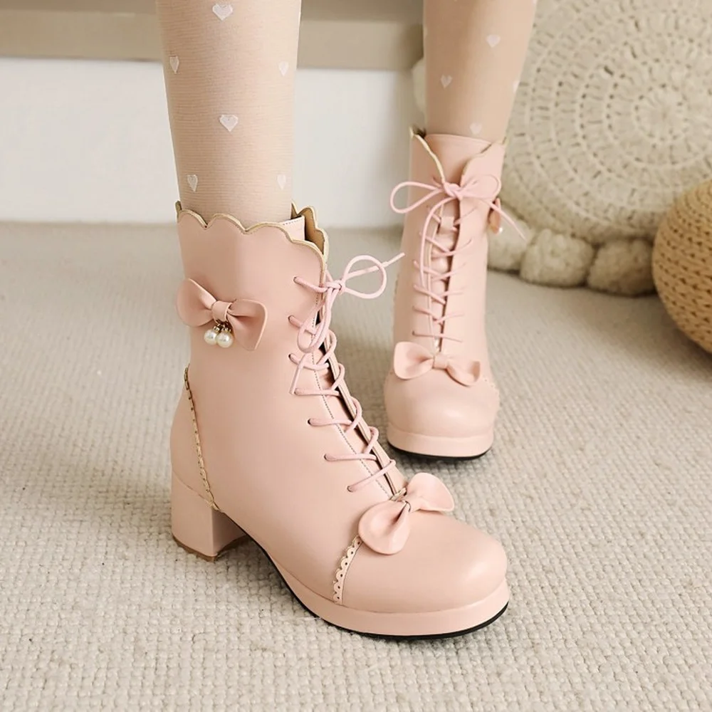 

OEING Womens Round Toe Bowknot Ankle Boots Platform Shoes Block High Heel Thick Lolita Warm Winter Sweet Cosplay X-mas Gift