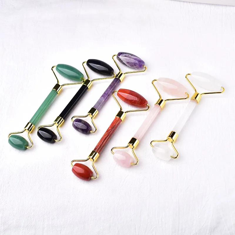 1 шт. натуральный двойной роликовый массажный инструмент для лица розовый кварц