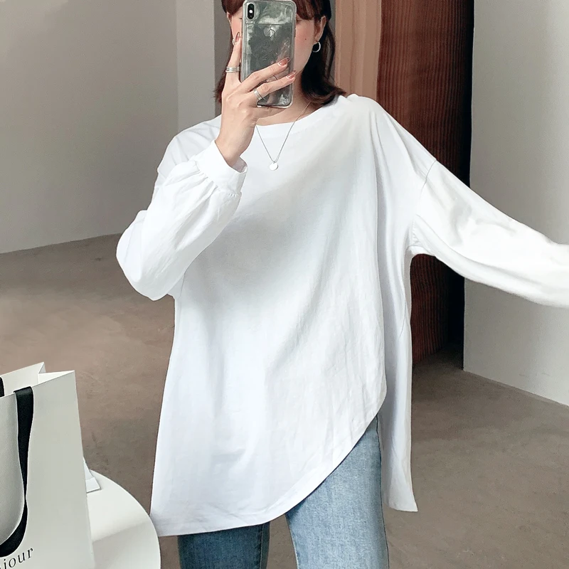 

Асимметричный свободный Белый Топ с длинным рукавом корейская мода Женская футболка женская винтажная одежда Блузки 2021 кавайная Харадзюку