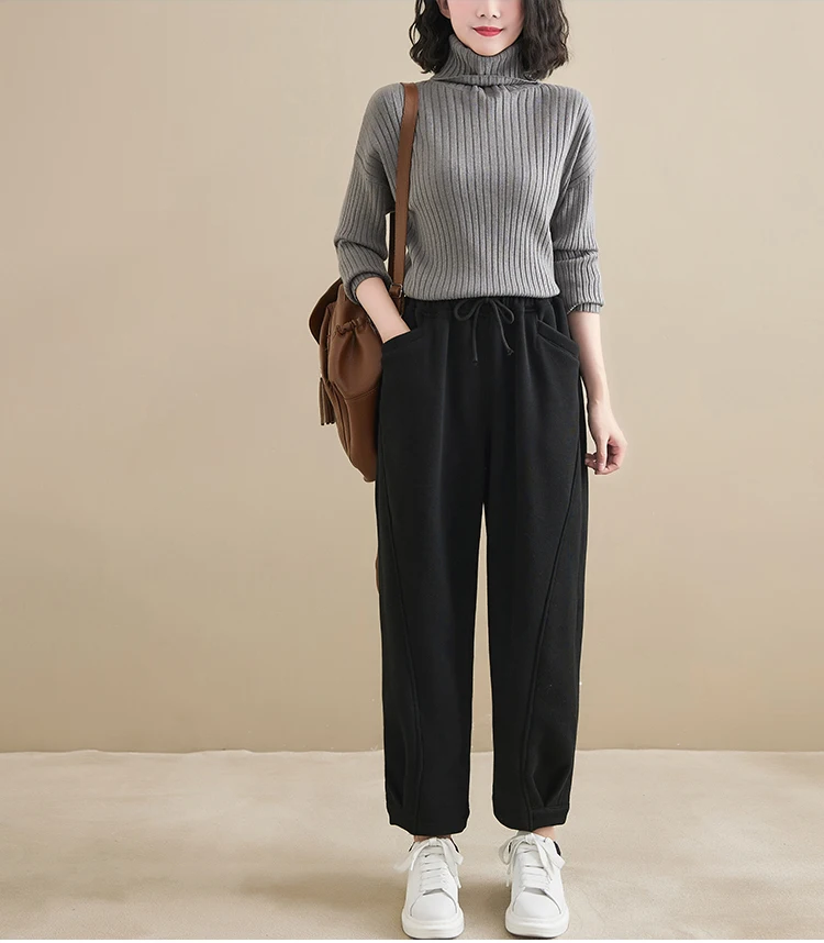Winter New Trendy Warm Fleece Thick Oversize Loose Casual Trouser Women Solid Color Elastic Waist Versatile Premium Sweatpants