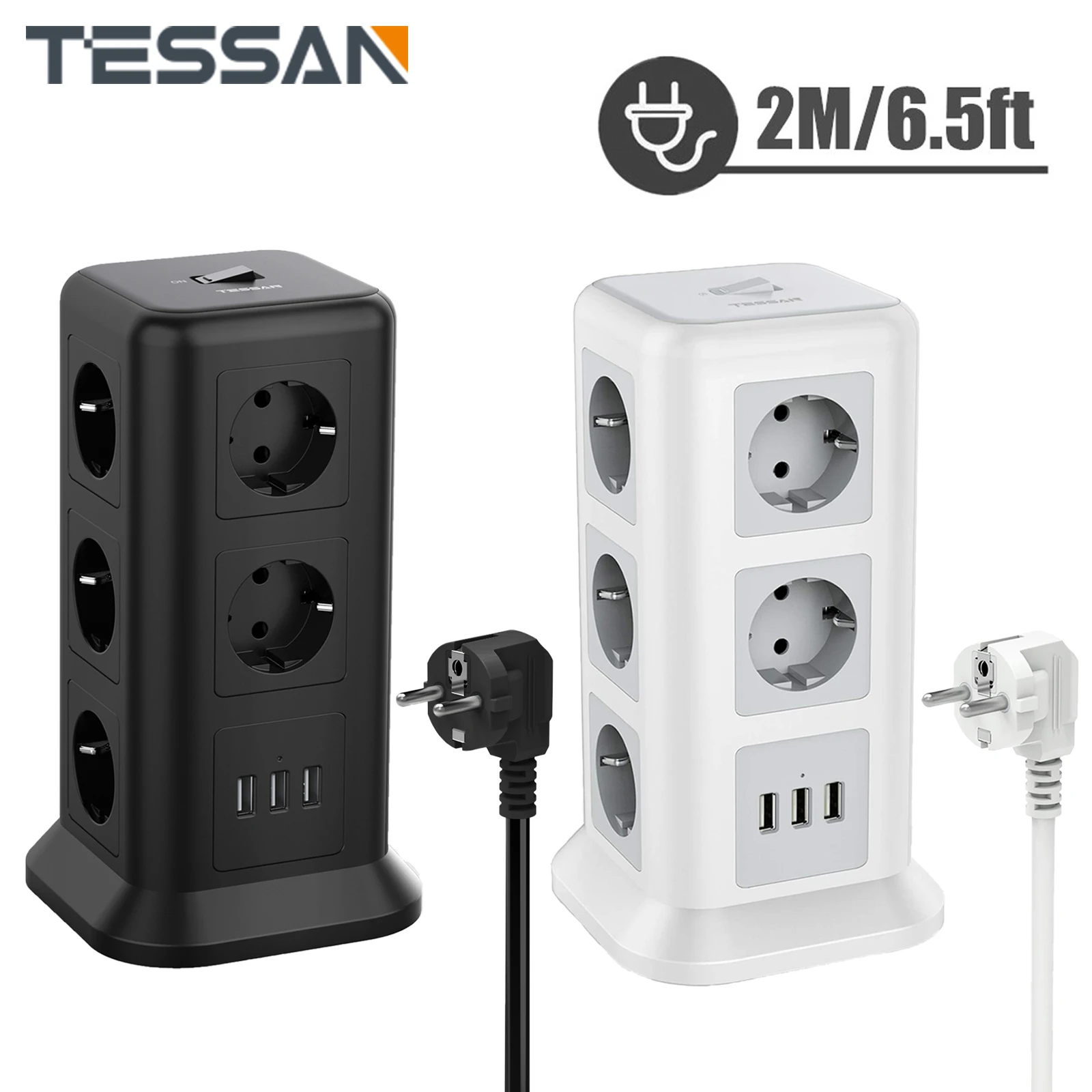 

TESSAN All in 1 Tower Multi Socket Power Strip Vertical EU Plug 11 Way Outlets with 3 USB Ports, Surge Protector and 2M Cable