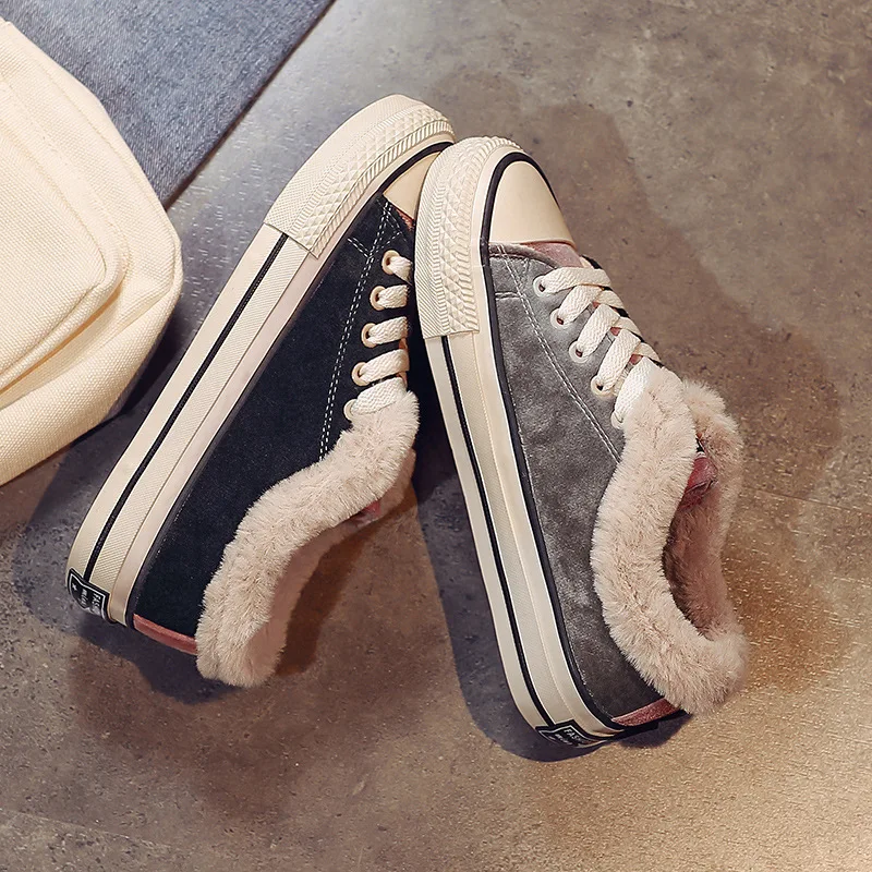 

Women Winter Canvas Sneakers Women Plus Velvet Keep Warm Vulcanize Shoes Ladies High Top Casual Color matching shoes W20