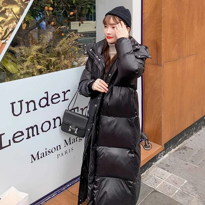 Fashion Off-season Shiny Down Padded Jacket Black Parka Coat Women's  Thick Winter Hooded Loose Long Coat Women's Warm Jacket