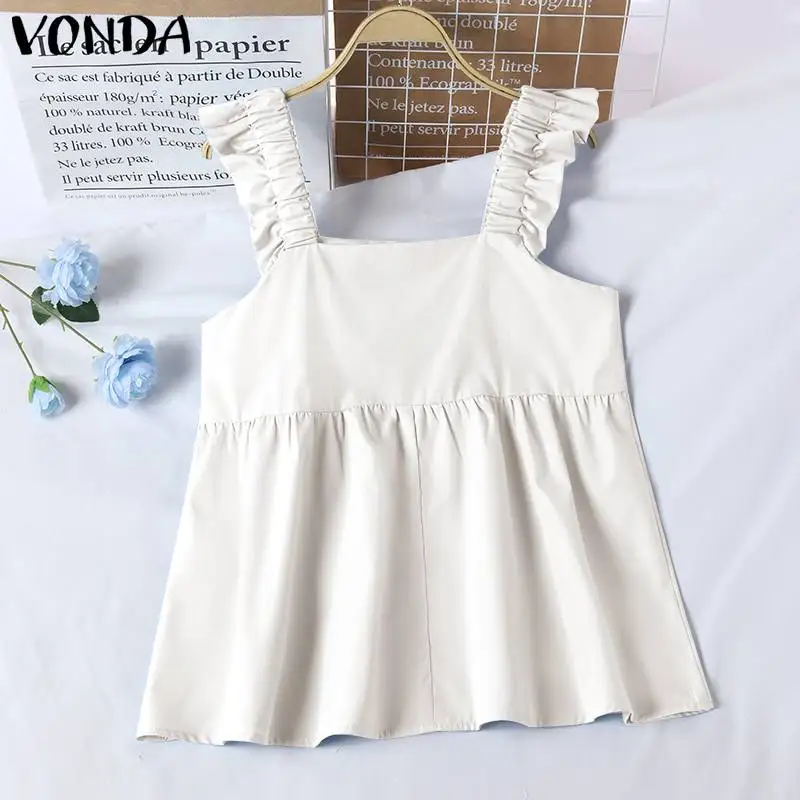 

VONDA 2021 Women Summer Blouse Sexy Ruffled Cuff Tank Tops Bohemian Blusas Femininas Sexy Sleeveless Pleated OL Office Shirts