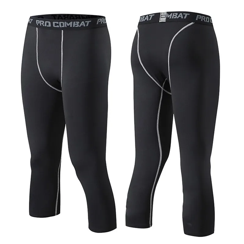 

Men's Sports 3/4 Cropped Pants Gym Running Leggings Male Joggings Elastic Compressions Sweatpant Football Basketball Trousers