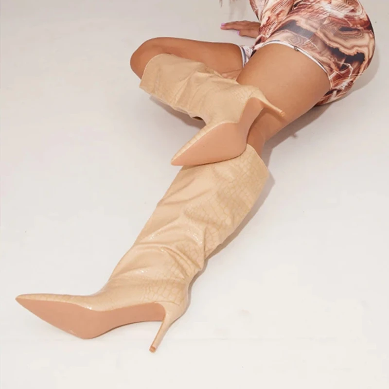 Knee High Crocodile Print Upper Short High Heel Boots Fashion Pointy Toe Light Winter Shoes Women's Booty Big Size 43