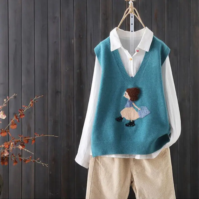 Loose V-neck Knitted Sweater Vest Female Cartoon Pattern Embroidery Sweet Wind Sleeveless Pullover Women Spring | Женская одежда