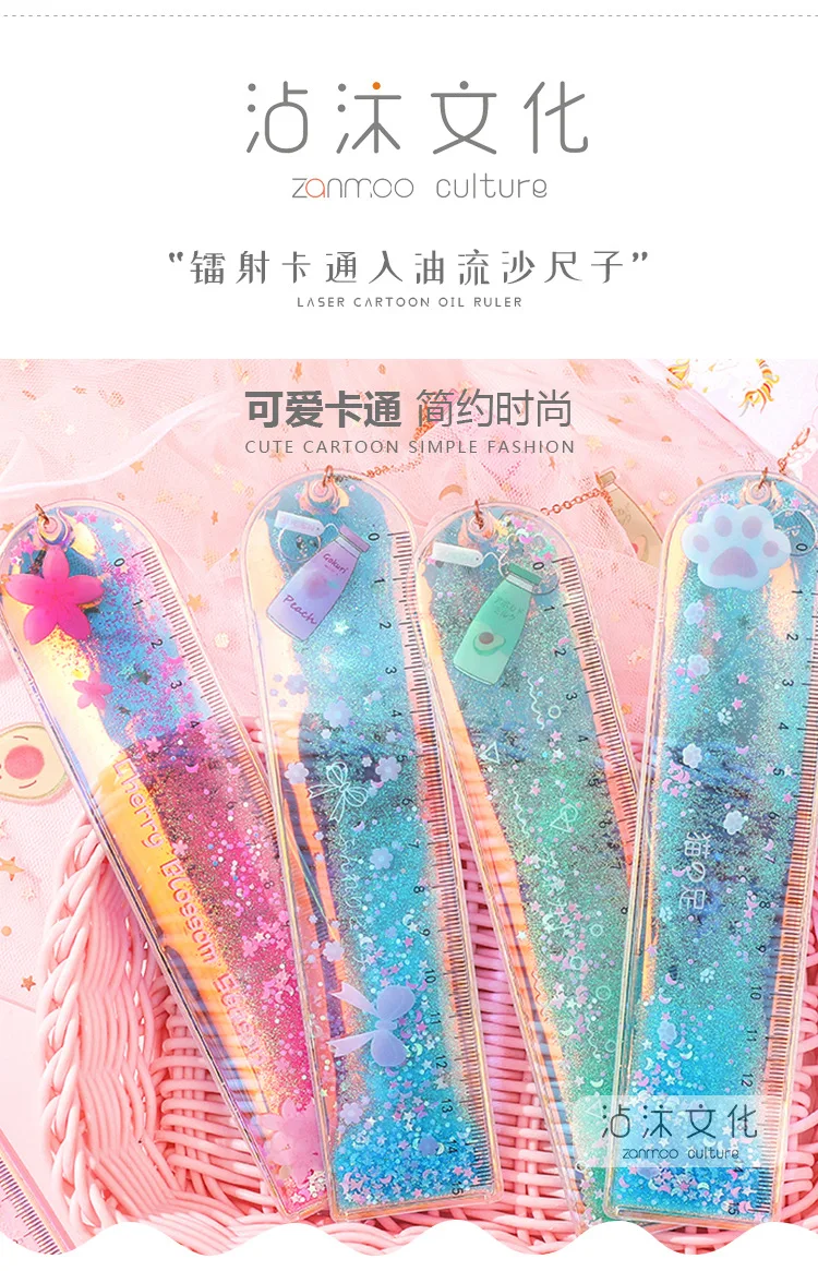 1Pcs Creative Bookmarks Cartoon Quicksand PVC Drawing Ruler Student Lovely Pendant Bookmark Stationery School Supply