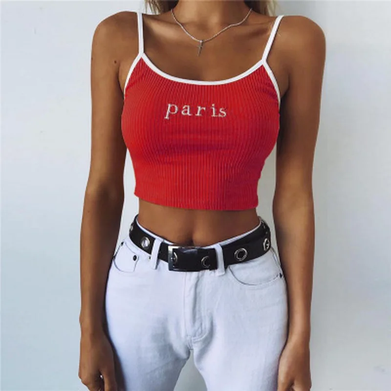 

Sexy Women Crop Top 2021 Summer Paris Letter Embroidery Strap Tank Tops Cropped Ladies Elastic Shirt Vest Camisole