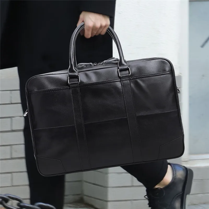 POOLOOS Vintage Black Coffee Genuine Leather Men Briefcase Messenger Bags Portfolio 14'' Laptop Business Men's Office Bag M6395