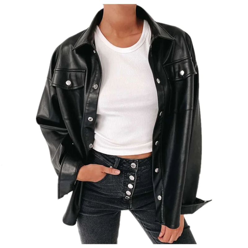 

Autumn Ladies Fashion Streetwear PU Leather Blouse Women Cardigan Buttons Female Shirt Top Long Sleeve Solid Leather Blouses