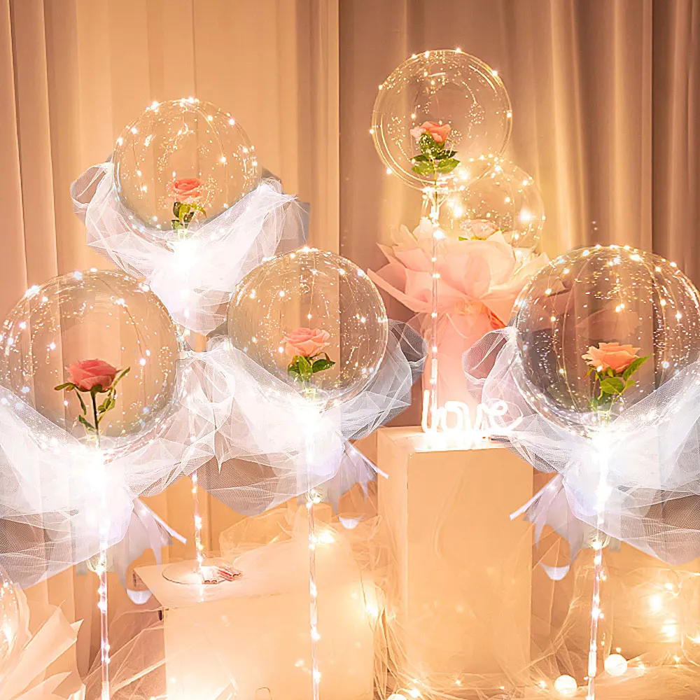 Led Balloon Bouquet Transparent Bobo Ball Valentines Day With Column Stand Luminous Balloons Lights Wedding Birthday Party Decor