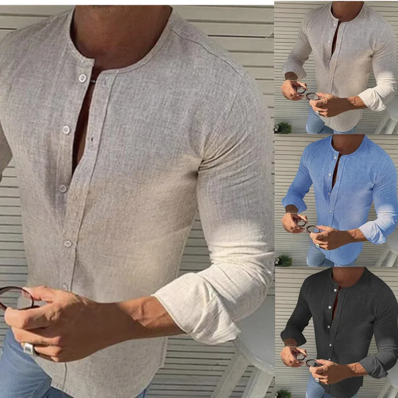 

Men's Solid Color Casual Shirts Quality Single-breasted Round Neck Men's Shirts Cardigan Mens Long Sleeve Fashion Simple Shirt