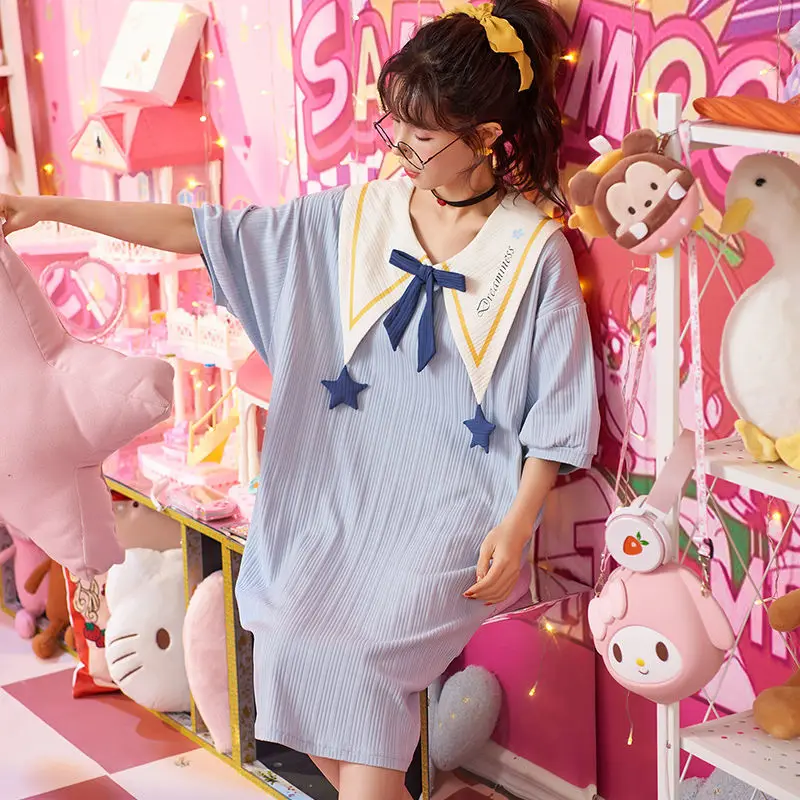 Women's Nightdress Summer Thin Short-sleeved Princess Wind Cute Sweet Student Pajamas Spring and Autumn Loose Home Service