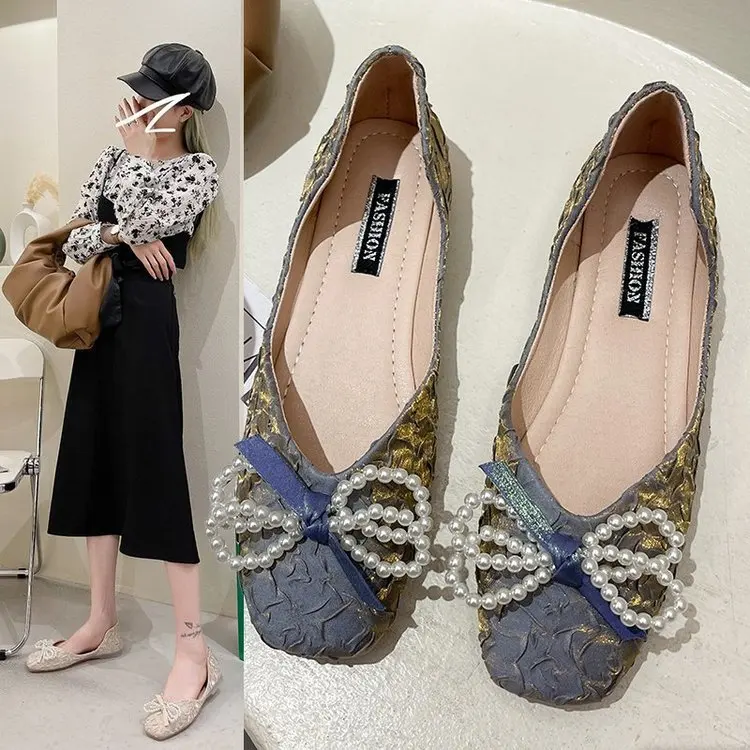 

Женские туфли с жемчужным бантом, Туфли Мэри Джейн на плоской подошве и квадратном каблуке, универсальные туфли во французском ретро стиле ...