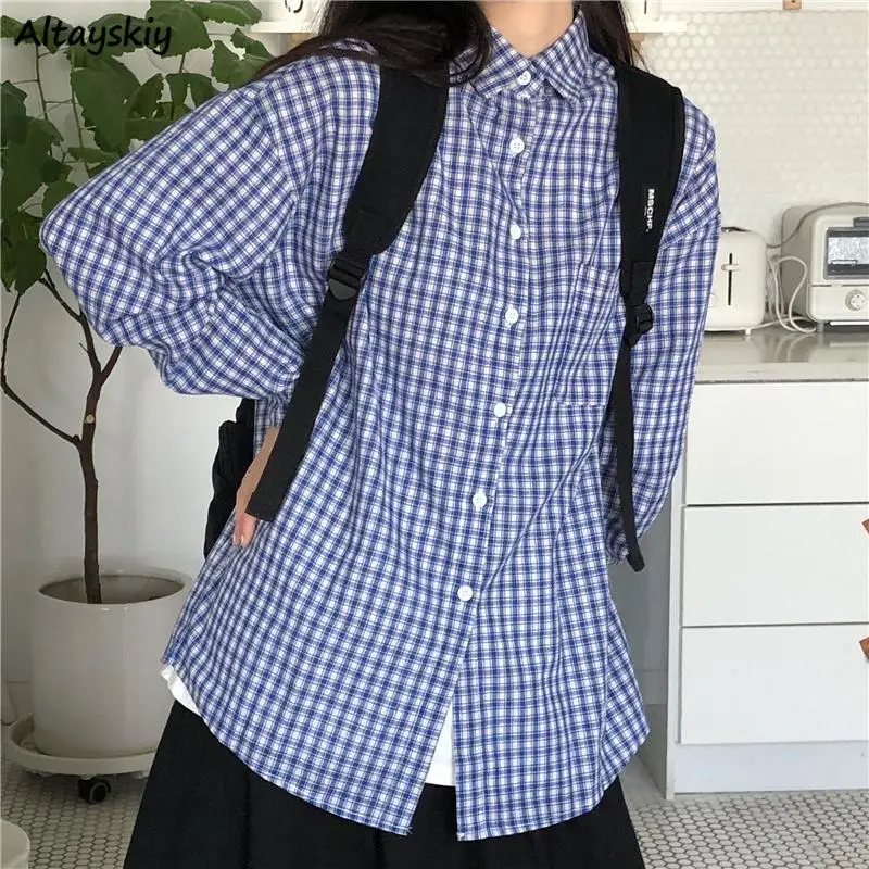 

Shirts Women Long Sleeve Plaid Harajuku Students All-match Turn-down Collar Oversize Spring Autumn Outwear Vintage Design Trendy