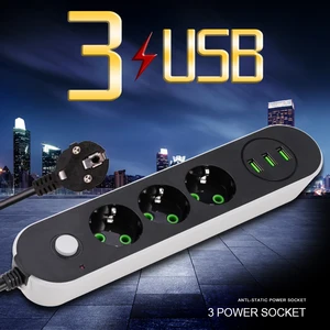 Удлинитель для кабеля, 2 круглых контакта, штепсельная вилка европейского стандарта, 3 выхода, 3 порта USB, 5 м, 2 м, 1,4 м, сетевой фильтр