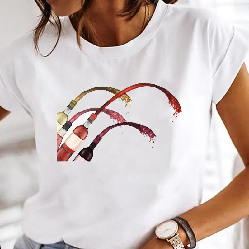 

Fashion Tees Women Lady Female Wine Happy Time Trend Short Sleeve Cartoon Clothes Print Regular Tops Graphic Tshirt T-Shirt