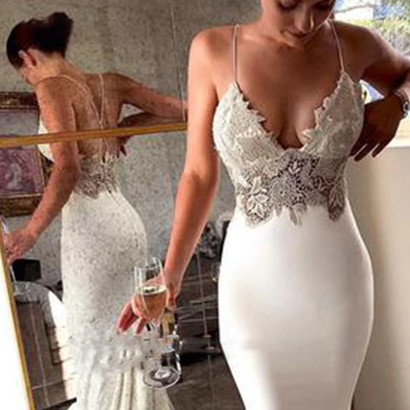 

2020 Open Back Sexy Mermaid Dress Spaghetti Strap Wedding Dresses Appliques Satin Bridal Gown Formal Plus Size robes de mariée