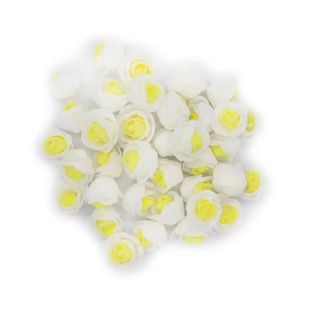 

50PCS 3CM White With Yellow Artificial Rose Head Flower Beautiful Wedding Home Party Decoration Bridal Hair Decorative