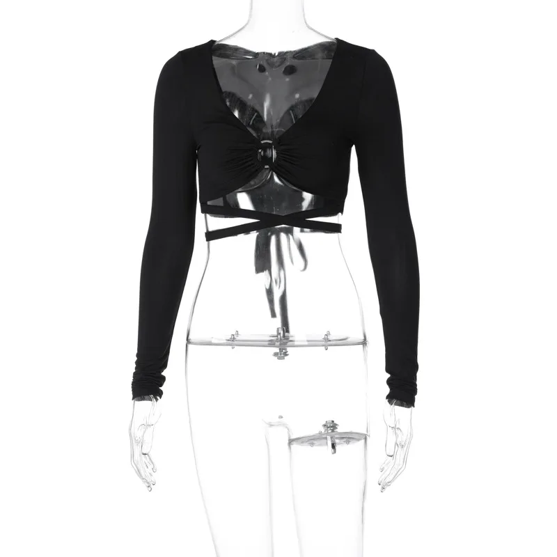 

Women's new 2021 spring ultra short open navel T-shirt slim V-neck solid color Pullover lace up long sleeve T-shirt