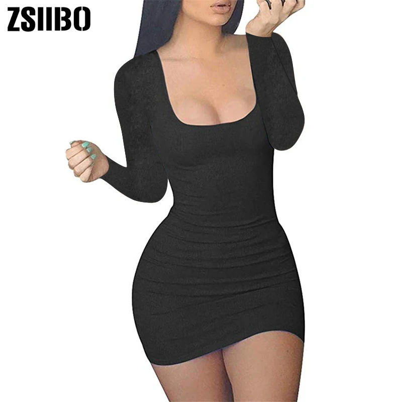 Black Long Sleeve ZSIIBO Женские повседневные Летние Осенние с длинным рукавом без рукавов Мини сексуальное облегающее Клубное платье на бретелях низкая Шея Прямая поставка - Цвет: Black Long Sleeve
