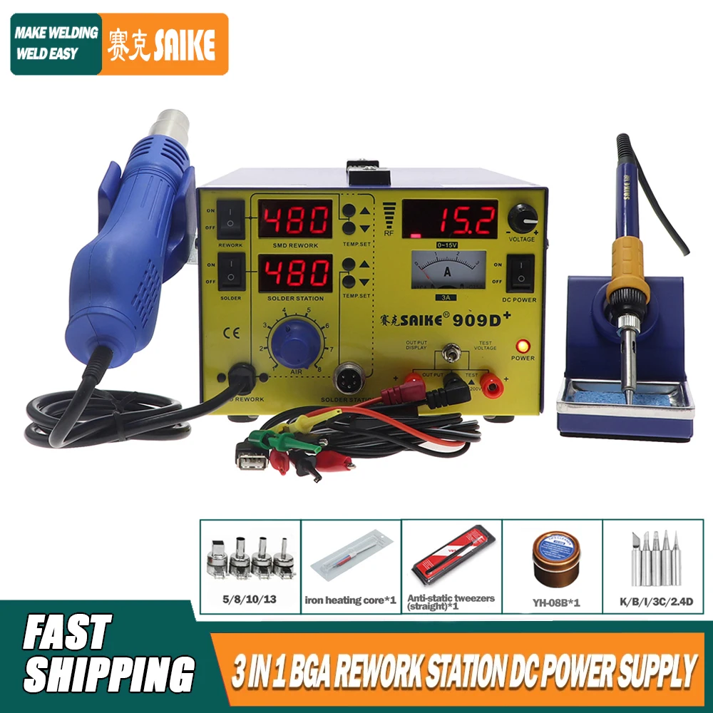 

SAIKE 909D+ 3 in 1 Hot air gun soldering station Desoldering station DC regulated power supply 15V 3A 220V EU
