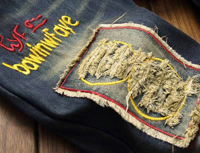 

KIOVNO Men's Ripped Badge Patchwork Jeans Pants Fleece Lined Casual Denim Trousers For Male Brand Designer