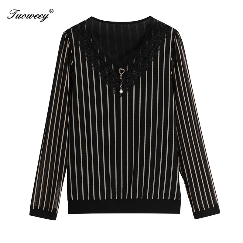 

Sexy V Neck Striped Blouse Women Casual Long Sleeve loose hollow out Shirts Korean Women Blouses Tops Femininas Blusas