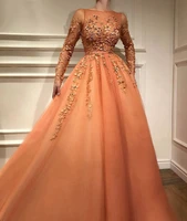 2020 scoop neckline long sleeves evening gown lace beaded tulle a line formal party prom dress orange muslim evening dresses
