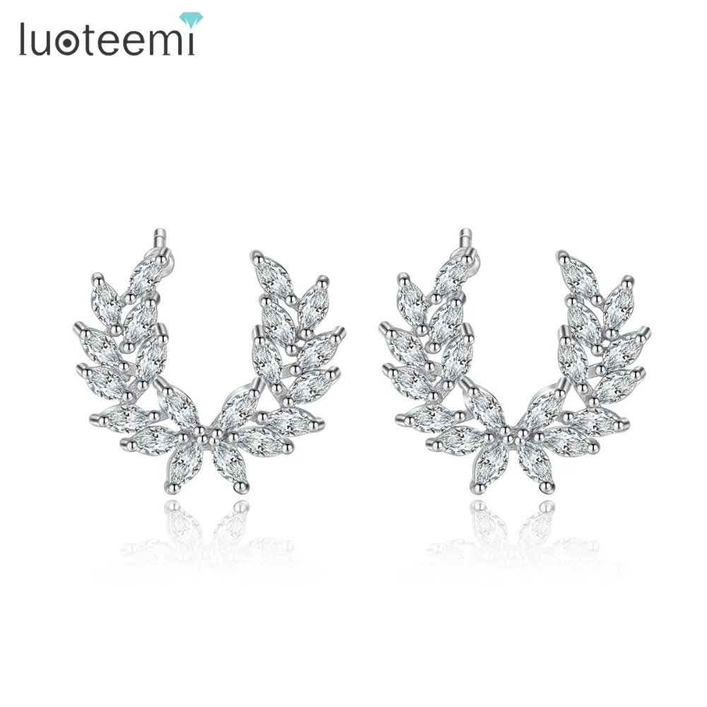 LUOTEEMI, модные серьги-гвоздики с перьями для женщин, ювелирные изделия для свадебной вечеринки, серьги с угловым крылом и фианитом, серьги в виде листьев, Brincos, рождественские подарки