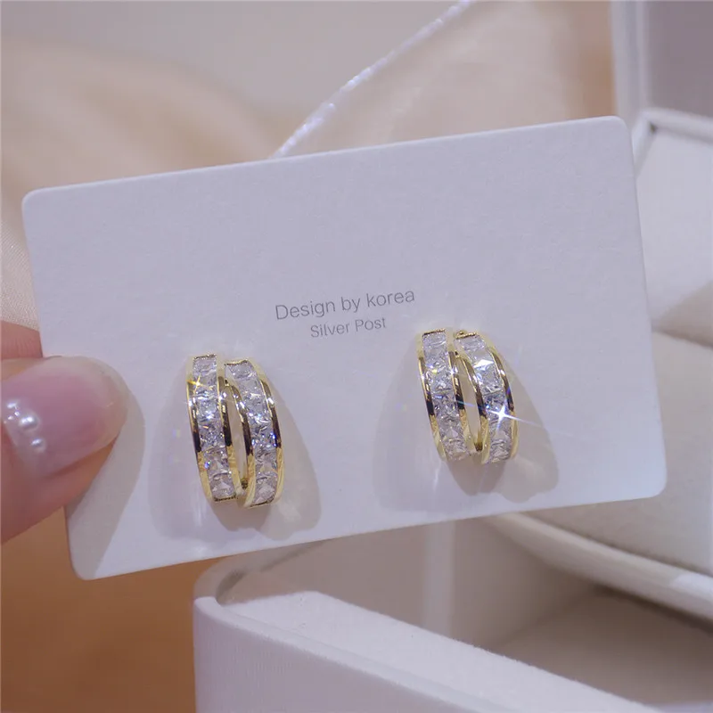 

Elegant Exquisite 14K Real Gold Simple Double-layer Bending Temperament Stud Earrings for Women Cubic Zircon ZC Earrings