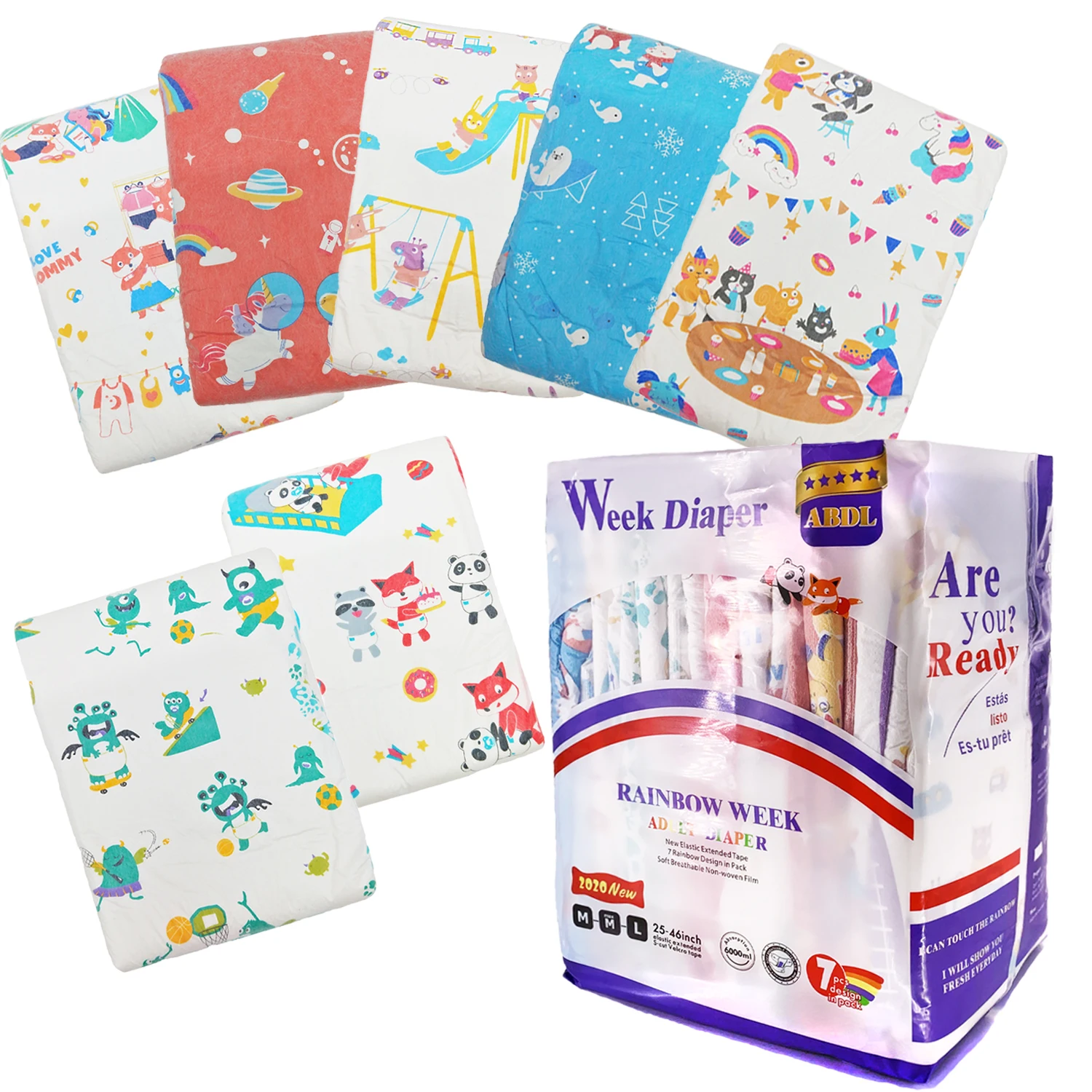 TEN@NIGHT Rainbow Week Diaper ABDL Large Capacity Oversized Adult Diaper ddlg Diaper Lovers Elastic Waist Cycle Diaper 7PCS