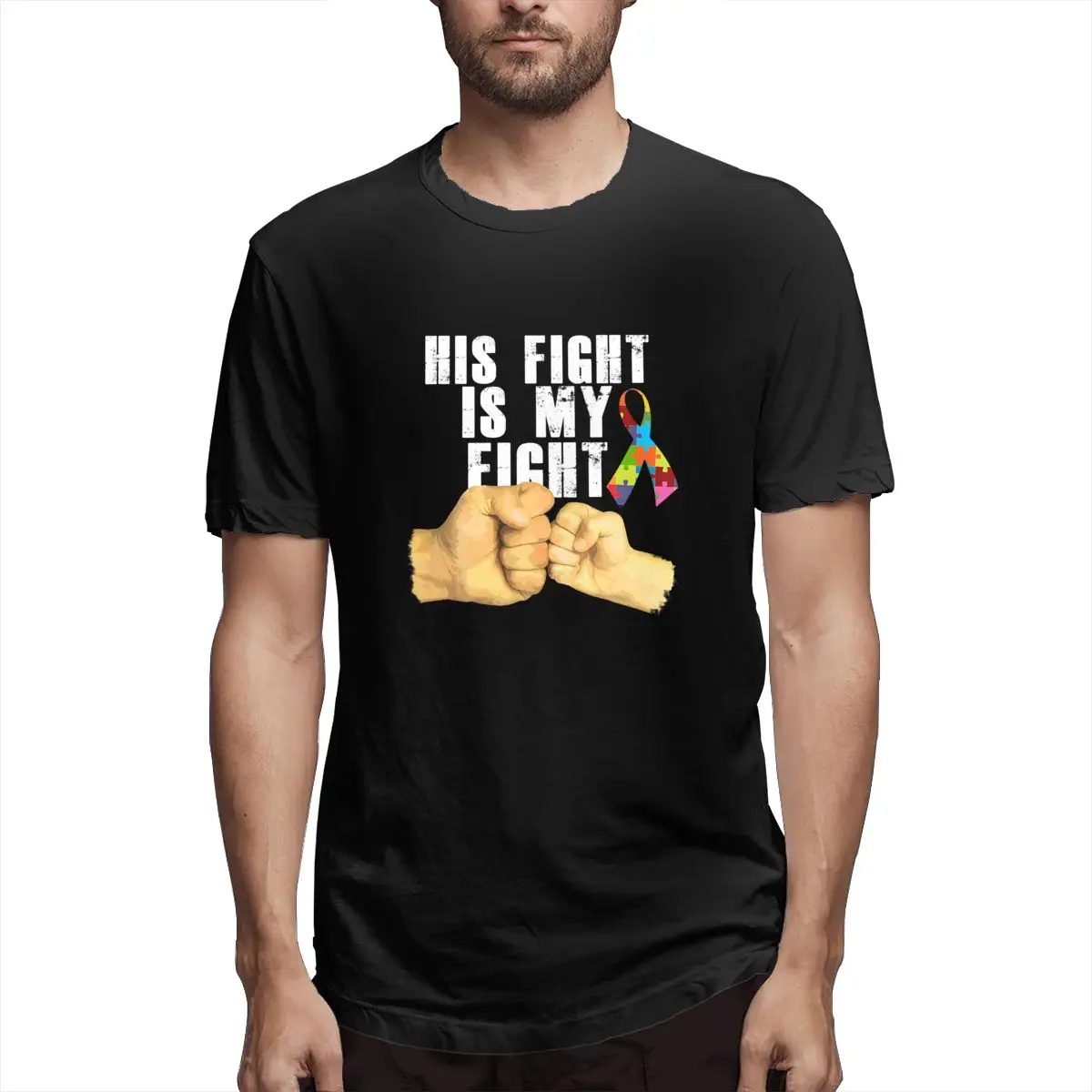 

His Fight Is My Fight Autism Awareness And Support Graphic Tee Men's Short Sleeve T-shirt Funny Cotton Tops