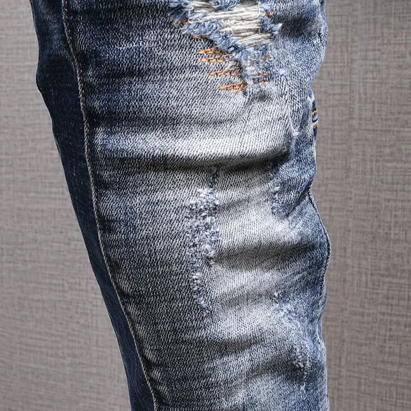 European American Street Fashion Men Jeans Retro Blue Elastic Slim Ripped Jeans Men Spliced Designer Hip Hop Denim Punk Pants