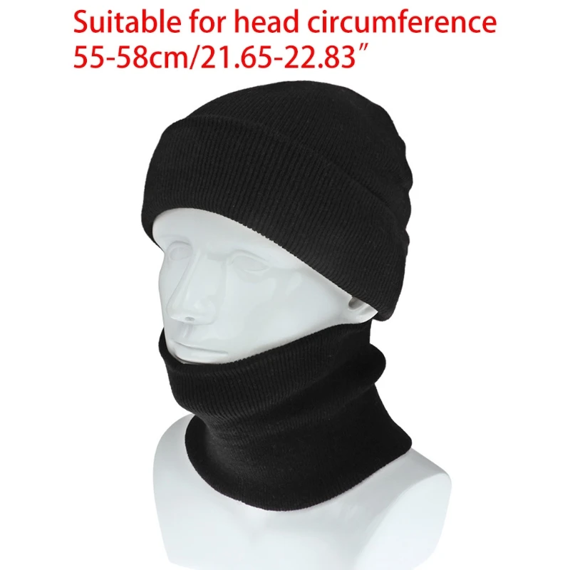 

2021 New Unisex Winter Knit Warm Neon Solid Color 2Pcs Cuffed Beanie Hat Circle Scarf Set