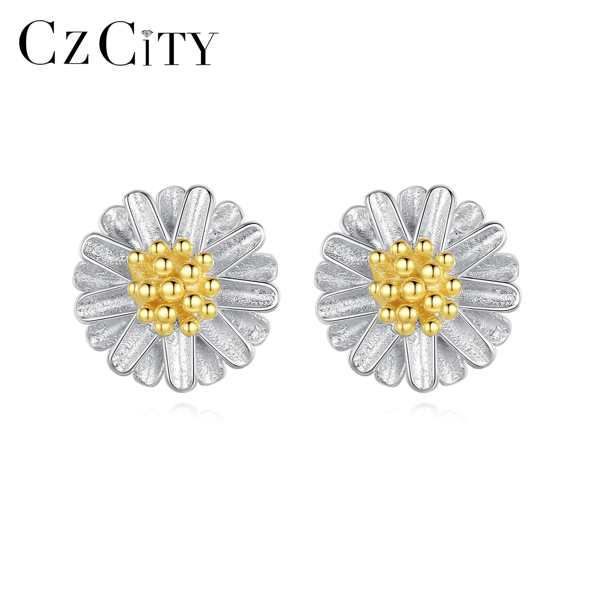 

CZCITY Cute Daisy Stud Earring for Women Little White Flower Sterling Silver Fine Jewelry Christmas Gifts