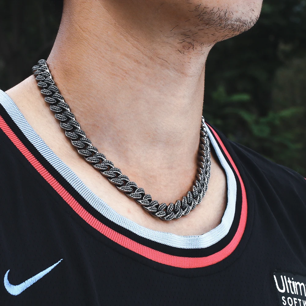 12 мм Bling Iced Out Майами кубинская звено цепи черный 18/20 дюймов ожерелье с Cz микро-набор Высокое качество раппер цепи хип хоп ювелирные изделия