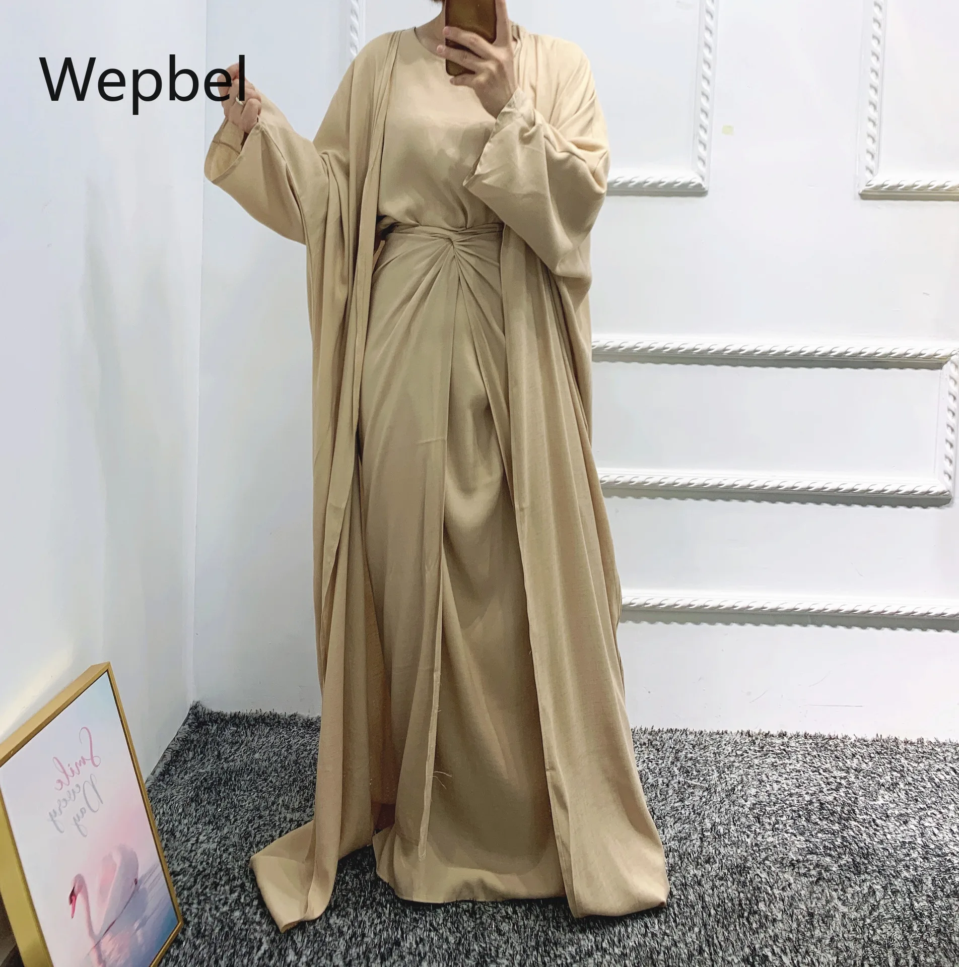 

Wepbel Turkey Solid Color 3 Piece Suit Muslim Sets Abaya Long Sleeve Cardigan Loose Muslim Dress Lace Up Skirts Islamic Clothing