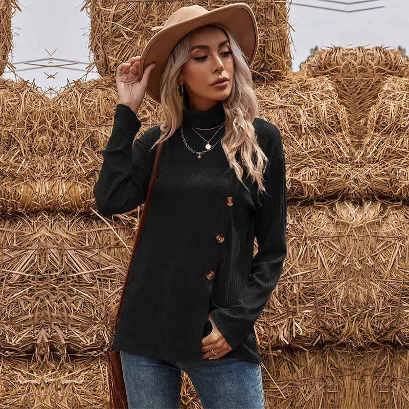 

Autumn and winter new high collar solid color long sleeve asymmetric split loose base knitted T-shirt