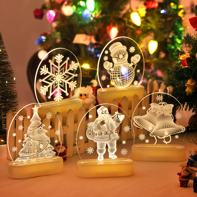 

Christmas 1PC 2D 3D Glow Christmas Ornament Wooden Hanging Pendants Star Xmas Tree Bell Christmas Decorations For Home