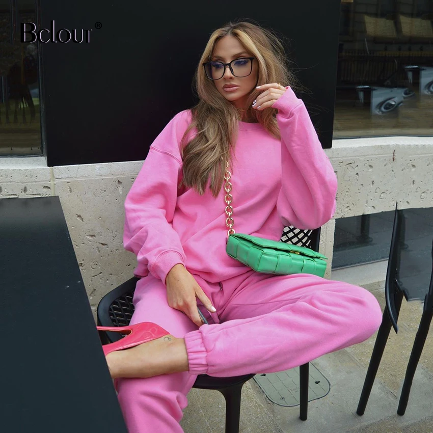 

Bclout Solid Elastic O Neck Sweatshirts Pencil Pants 2 Piece Set Women Casual Long Sleeve Tops Elastic Waist Trouser Pink Suits