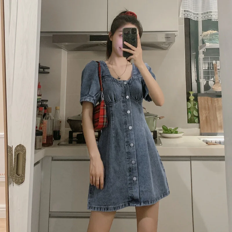 Женское джинсовое платье с завышенной талией шерстяное ТРАПЕЦИЕВИДНОЕ ПЛАТЬЕ в