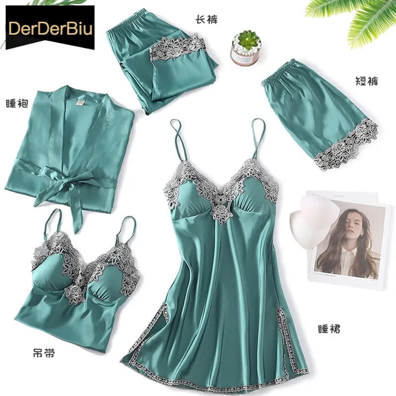 

Sexy Satin Pajama 5 Five-Piece Set Spring Women Sleepwear Suit Embroidery Silk Nightgown Lace Home Clothes Large Size Pijama XXL