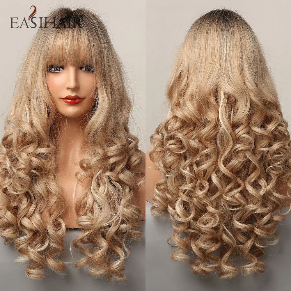 

EASIHAIR Long Blonde Platinum Wig with Bangs Curly Hair Synthetic Wigs for Women Light Blonde Wavy Wigs Cosplay Heat Resistant