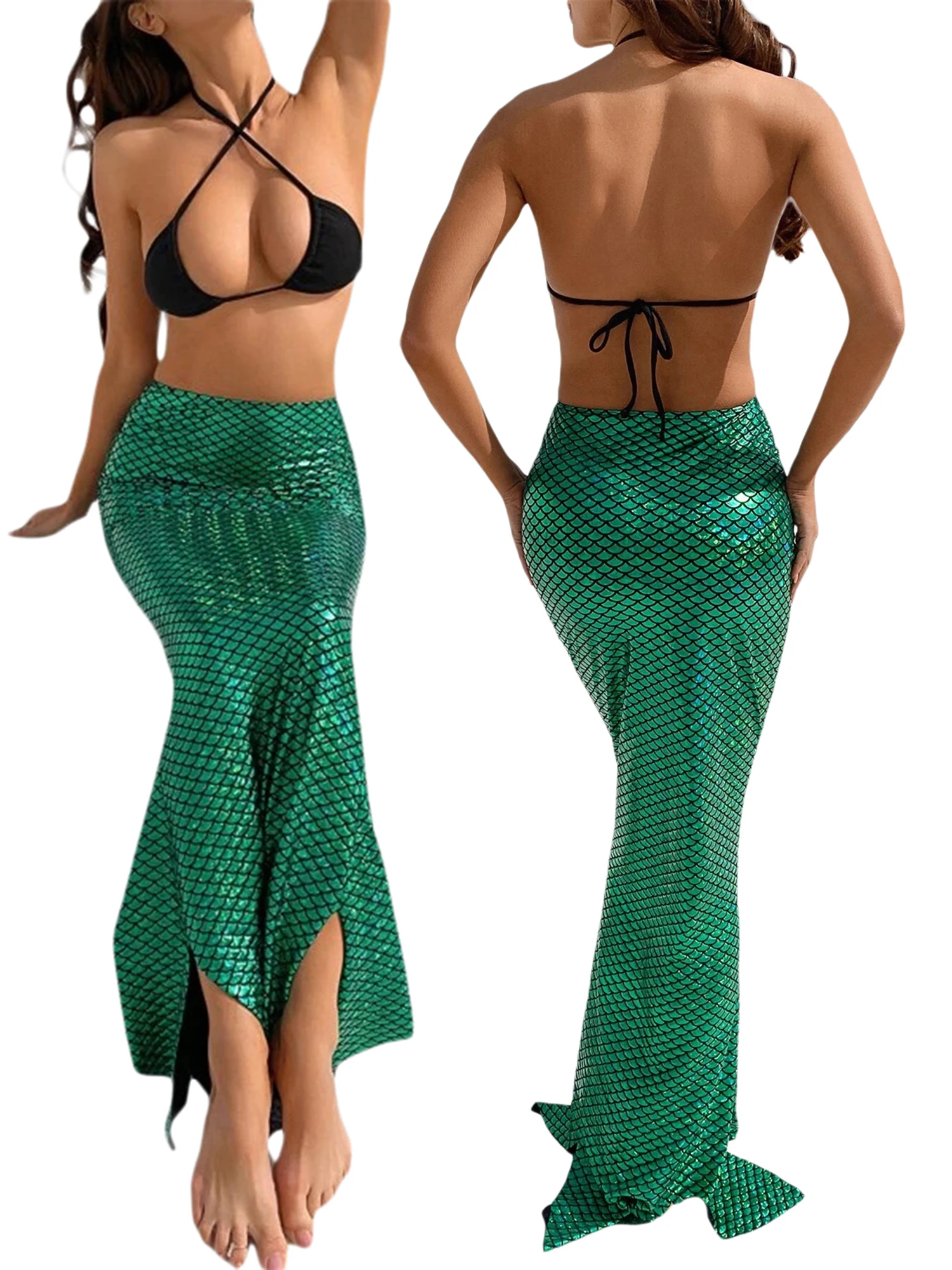 

Female Long Skirt, Fish Scale Print High Waist Package Hip Skirt Close-Fitting Dress for Summer Autumn, Green