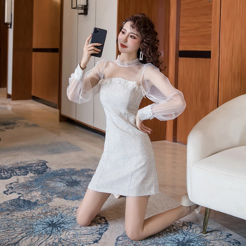 

COIGARSAM Patchwork Women dress Full Sleeve Mesh Dresses White Black 9158