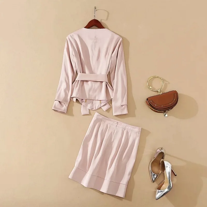 

Autumn Fashion 2021 Skirt Suit Business Women Bow Belt Long Sleeve Tops Coat+Pink Pencil Skirt Set Ladies Elegant Work Suits 2pc