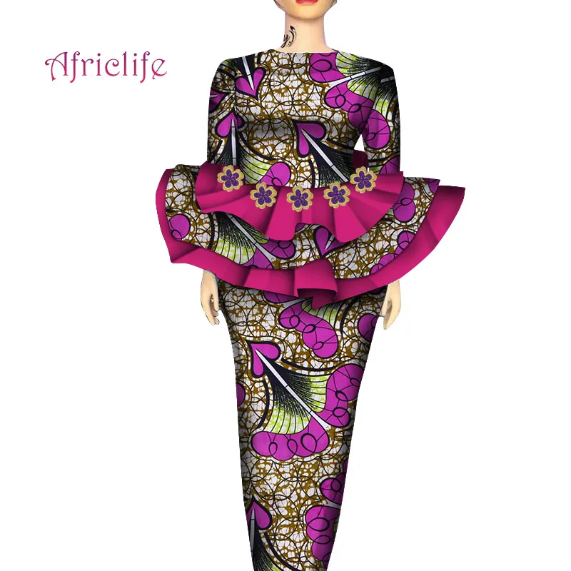 

Plus Size Long Sleeve Skirt Suits With Beautiful Purple Small Flowers Dashiki African Dresses for Women WY5050